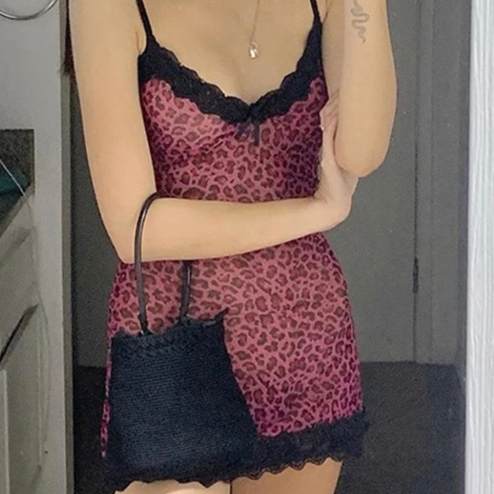 pink leopard black lace mini dress
